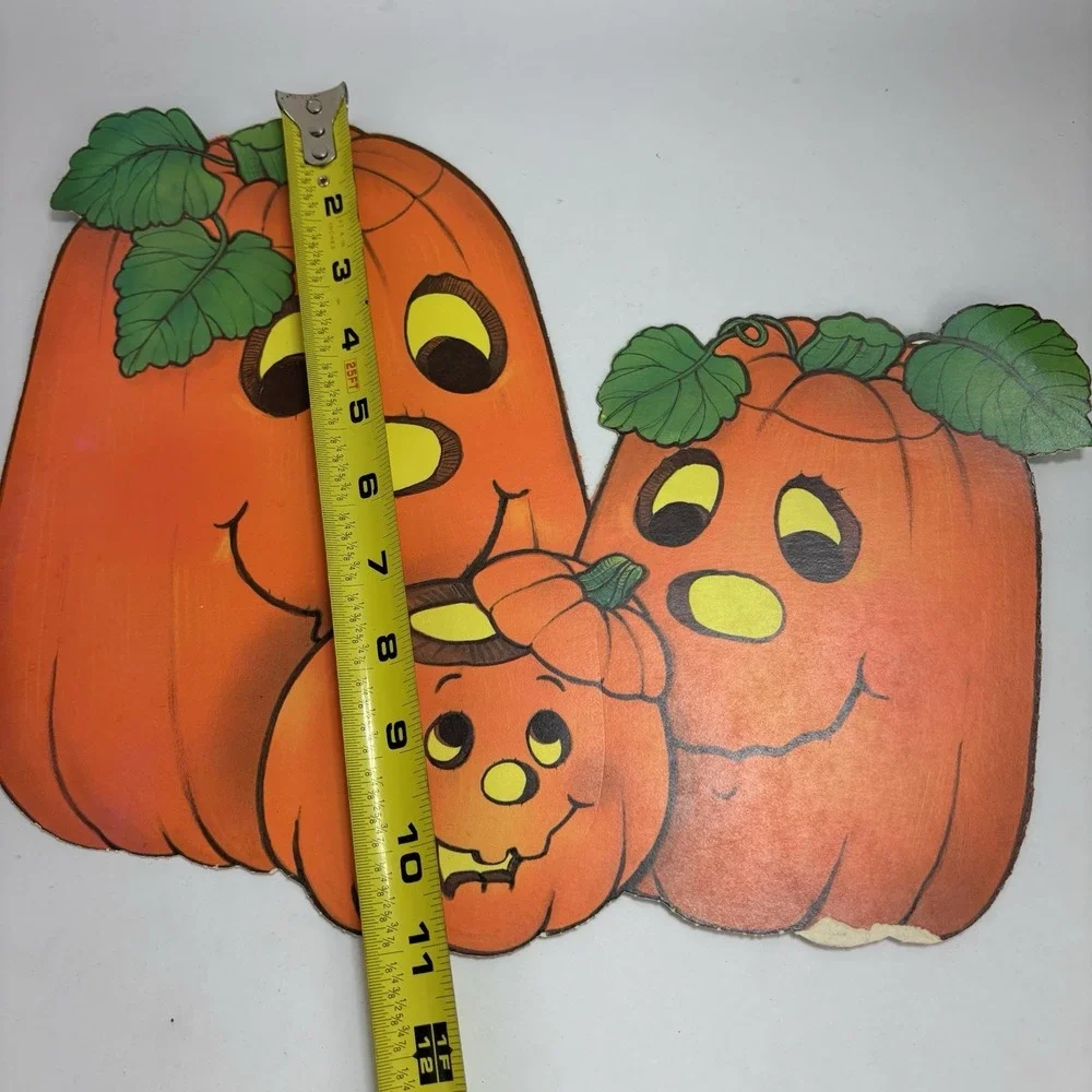 Vintage Flocked Halloween Decorations Pumpkins (2) 1980s Diecut